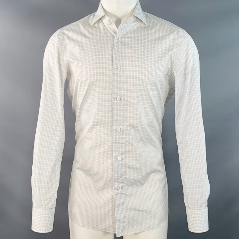 Isaia Size S White Grey Checkered Cotton Spread Collar Long Sleeve Shirt